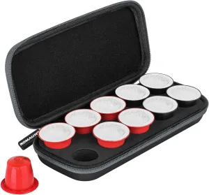 ROMAUNT Travel Carrying Case Compatible with Nespresso OrignalLine Capsules, Accessory for Portable Espresso Maker Protective Coffee Pods Holder with Foam PU Material Hold 10 Pods（black）