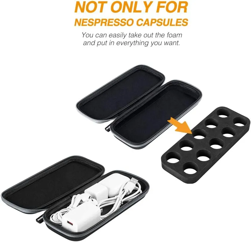 ROMAUNT Travel Carrying Case Compatible with Nespresso OrignalLine Capsules, Accessory for Portable Espresso Maker Protective Coffee Pods Holder with Foam PU Material Hold 10 Pods（black）