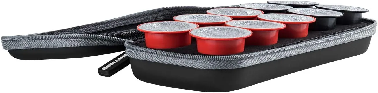 ROMAUNT Travel Carrying Case Compatible with Nespresso OrignalLine Capsules, Accessory for Portable Espresso Maker Protective Coffee Pods Holder with Foam PU Material Hold 10 Pods（black）