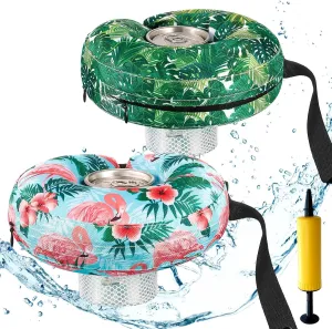 Rtteri 2 Pcs 7.7 Inch Inflatable Neoprene Floating Drink Holder Small Neoprene Floating Pool Drink Holder with Cord Beverage for Adults Tumblers Wine Bottle Cans Pool Outdoor Water Hot Tub Beach Party