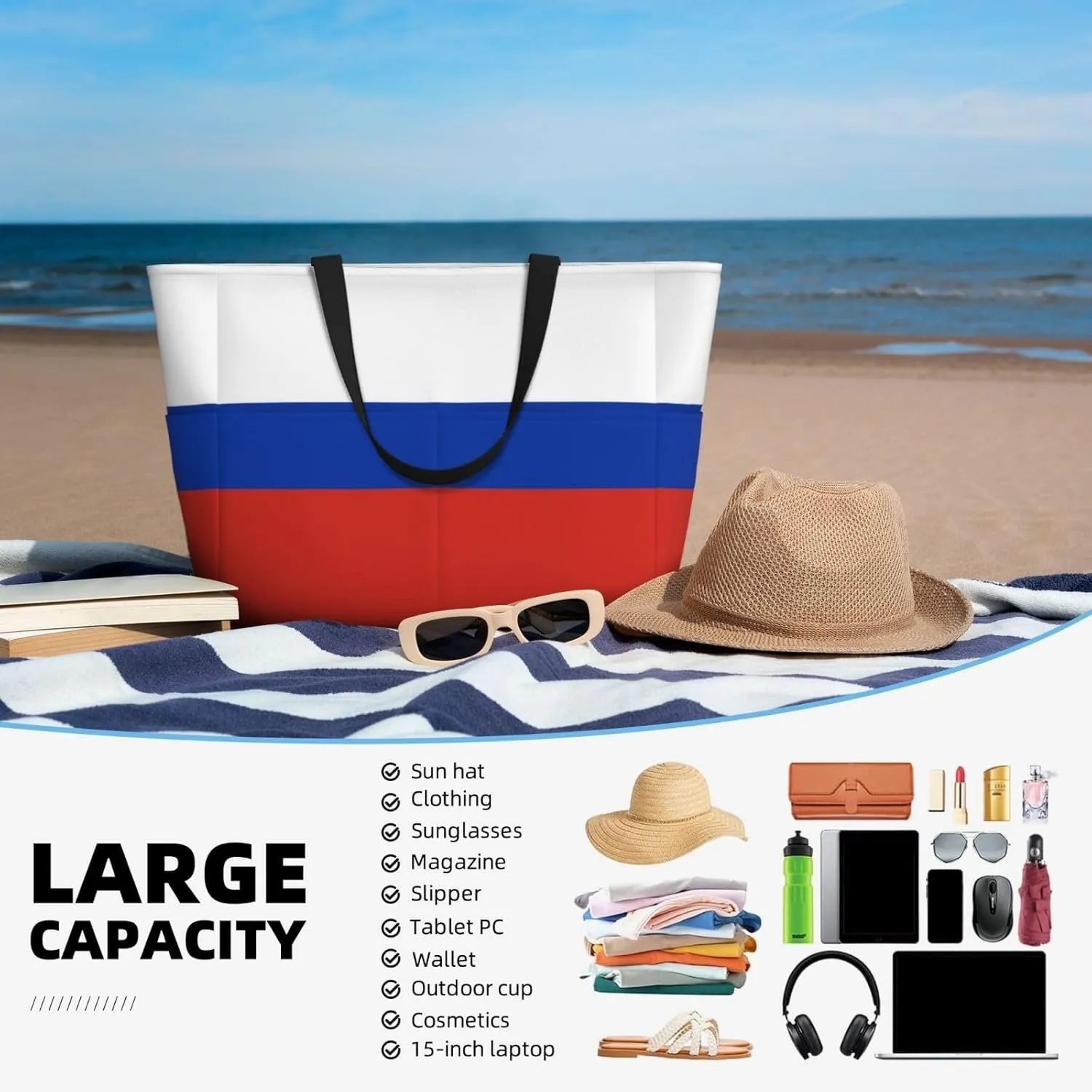 Russian Flag Beach Tote Bags For Women Travel Totes Bag Handbag With Zipper And Pockets For Travel Vacation