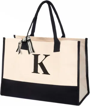 Salt Earth 100% Cotton Personalized Everyday Canvas Initial Tote Bag for Women, Monogrammed Large Utility Bag for Beach
