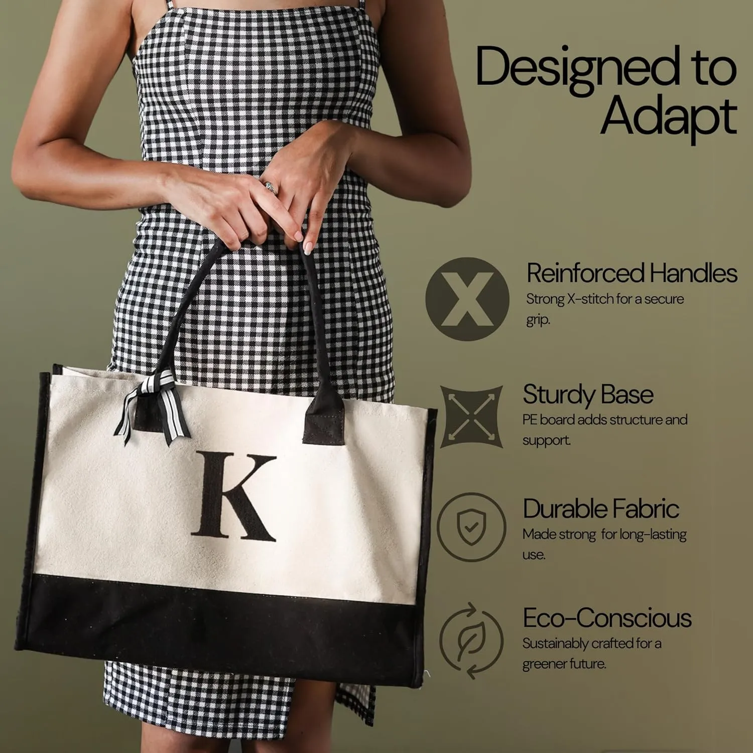 Salt Earth 100% Cotton Personalized Everyday Canvas Initial Tote Bag for Women, Monogrammed Large Utility Bag for Beach