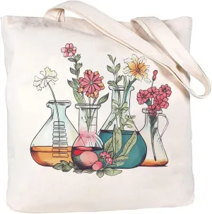 Science Teacher Tote Bag Gift, Floral Beakers Aesthetic Tote, Laboratory Teacher Appreciation, Chemistry Gift, MLT Medical Lab Tech Technician