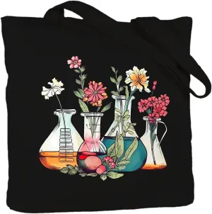 Science Teacher Tote Bag Gift, Floral Beakers Tote Bag Bags Aesthetic Totes, Laboratory Science Teacher Appreciation, Chemistry Gift for Teacher, MLT Medical Lab Tech Technician, Science Gifts (Black)