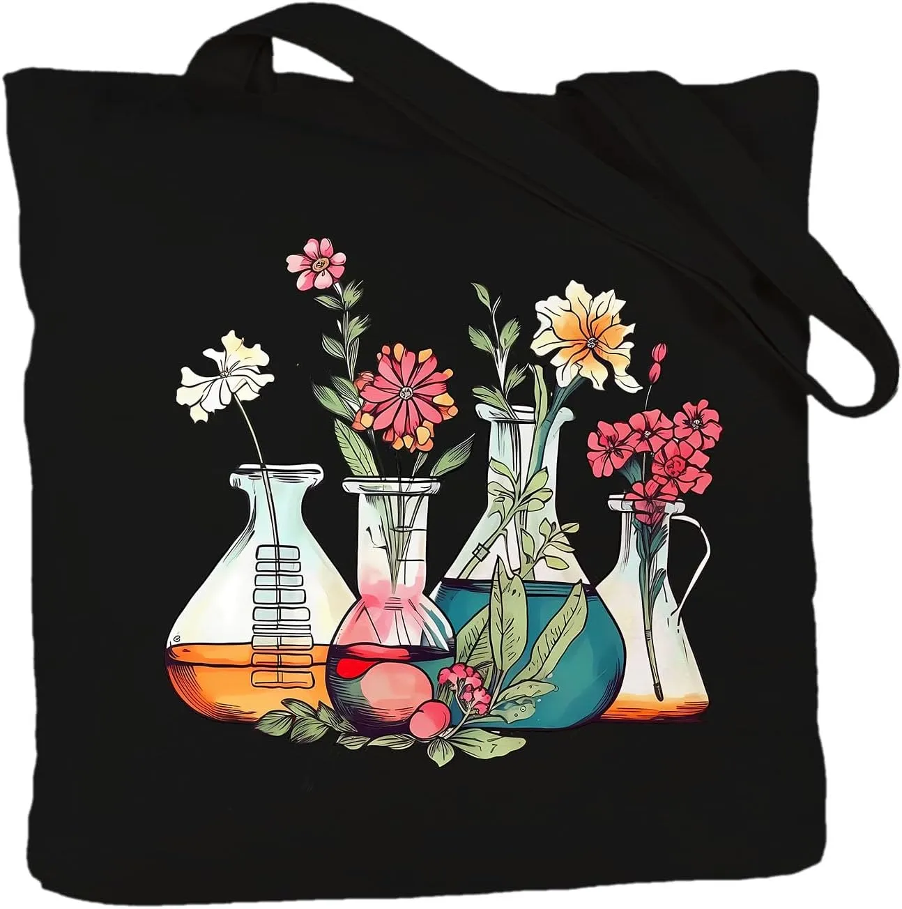 Science Teacher Tote Bag Gift, Floral Beakers Tote Bag Bags Aesthetic Totes, Laboratory Science Teacher Appreciation, Chemistry Gift for Teacher, MLT Medical Lab Tech Technician, Science Gifts (Black)