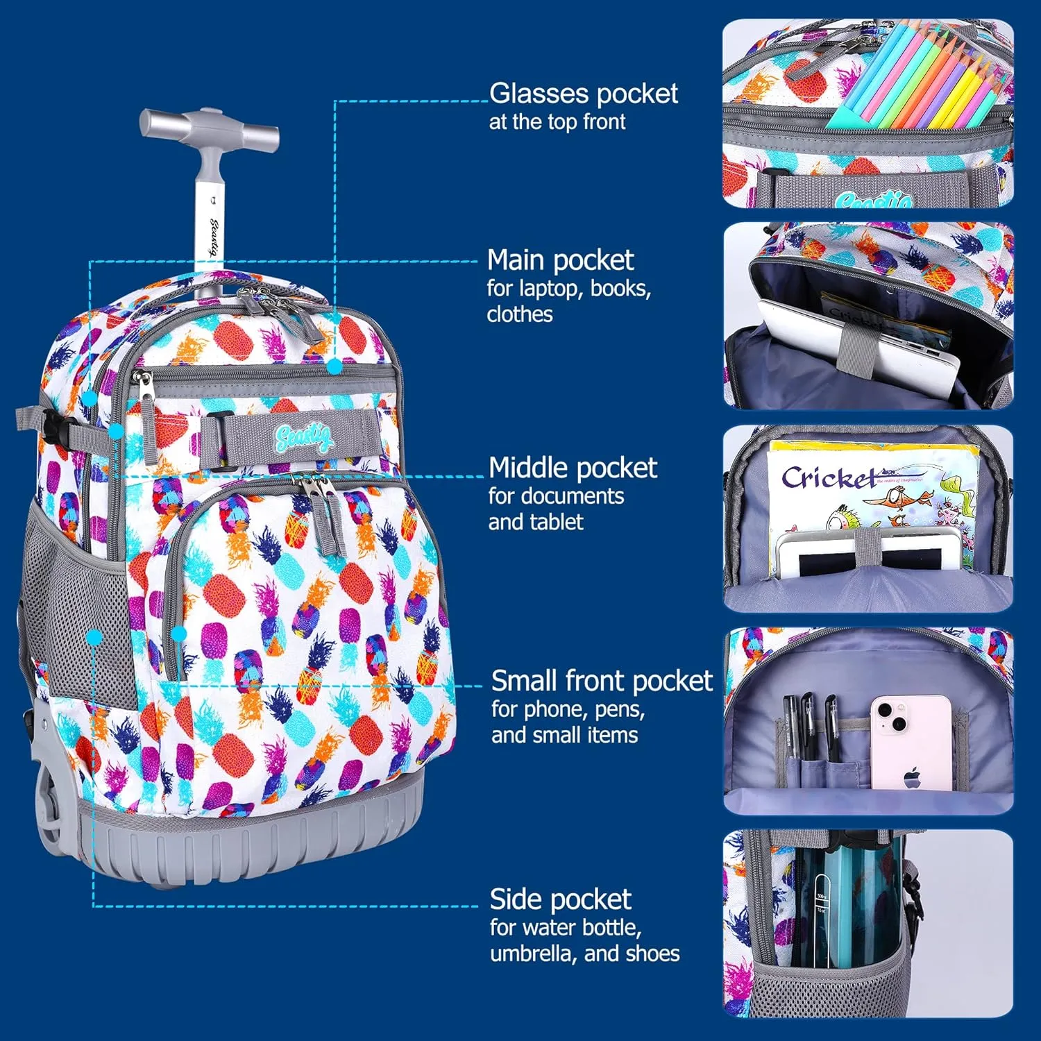 seastig Rolling Backpack 18in Wheeled Backpack with lunch bag and Pencil Case Set Roller Backpack Laptop Backpack Adults Kids