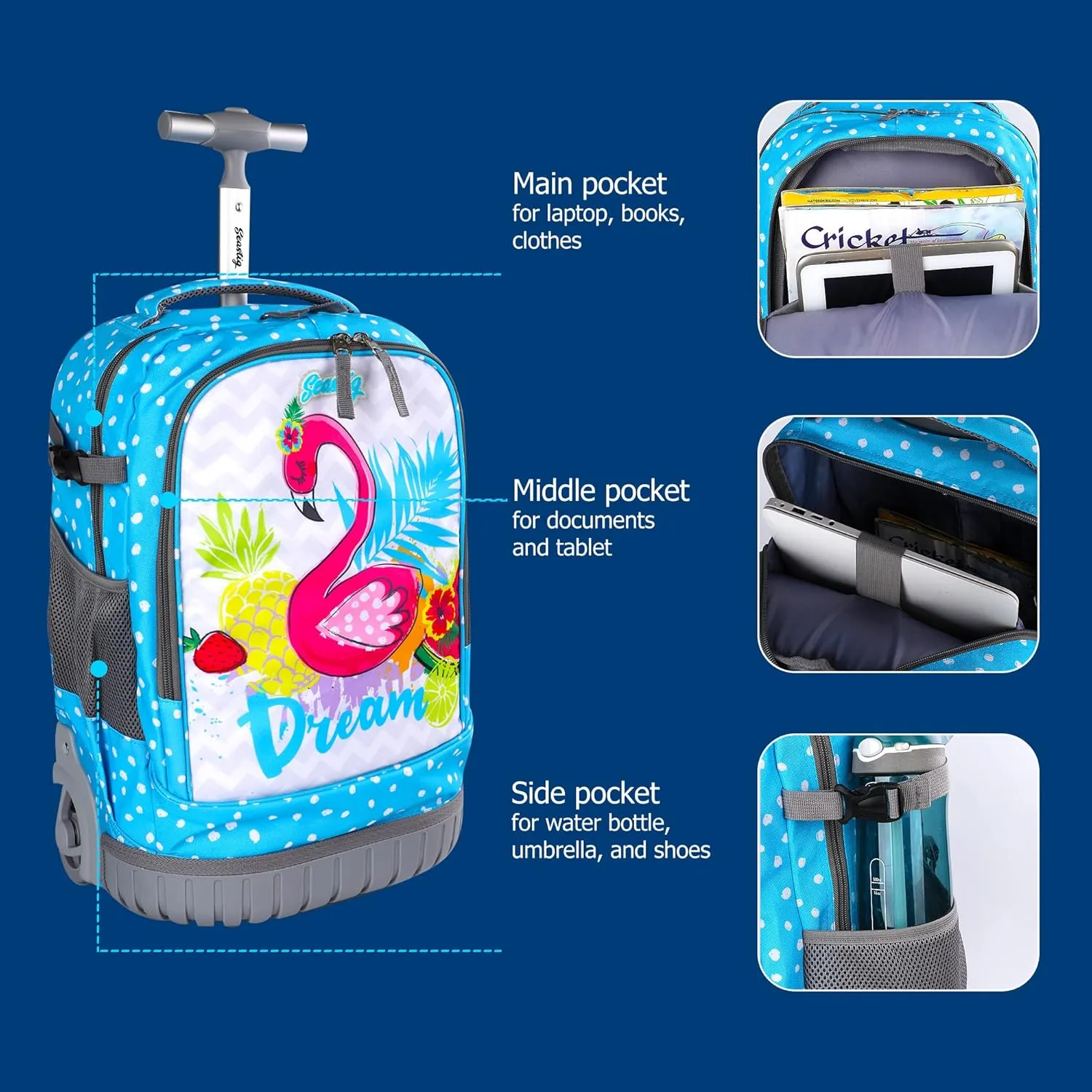 seastig Rolling Backpack 18in Wheeled Backpack with lunch bag and Pencil Case Set Roller Backpack Laptop Backpack Adults Kids