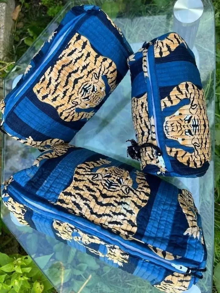 Set of 3 Pieces Block Print Designer Toiletry Bag & Makeup Case - Boho Floral Quilted Pouch for Cosmetics - Waterproof Lined Organizer for Diaper Bag, Purse, Travel, Gift, Pencils Bags (Model -06)