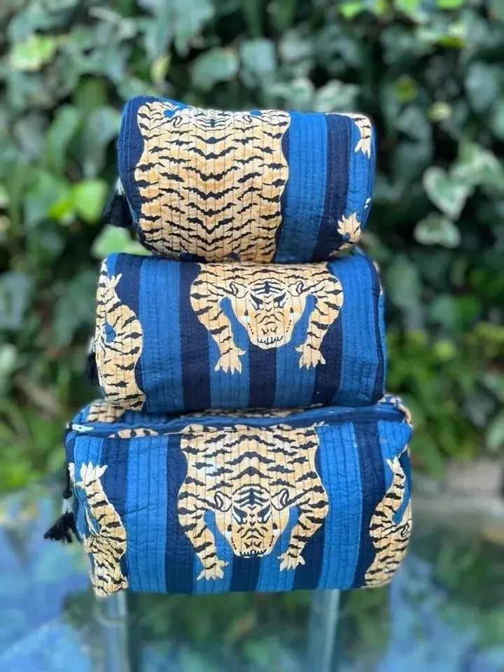 Set of 3 Pieces Block Print Designer Toiletry Bag & Makeup Case - Boho Floral Quilted Pouch for Cosmetics - Waterproof Lined Organizer for Diaper Bag, Purse, Travel, Gift, Pencils Bags (Model -06)