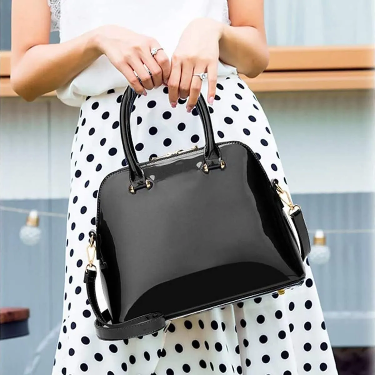 Shiny Patent Leather Handbags and Purses for Women Shell Shoulder Bag Top Handle Totes Evening Party Satchel Black