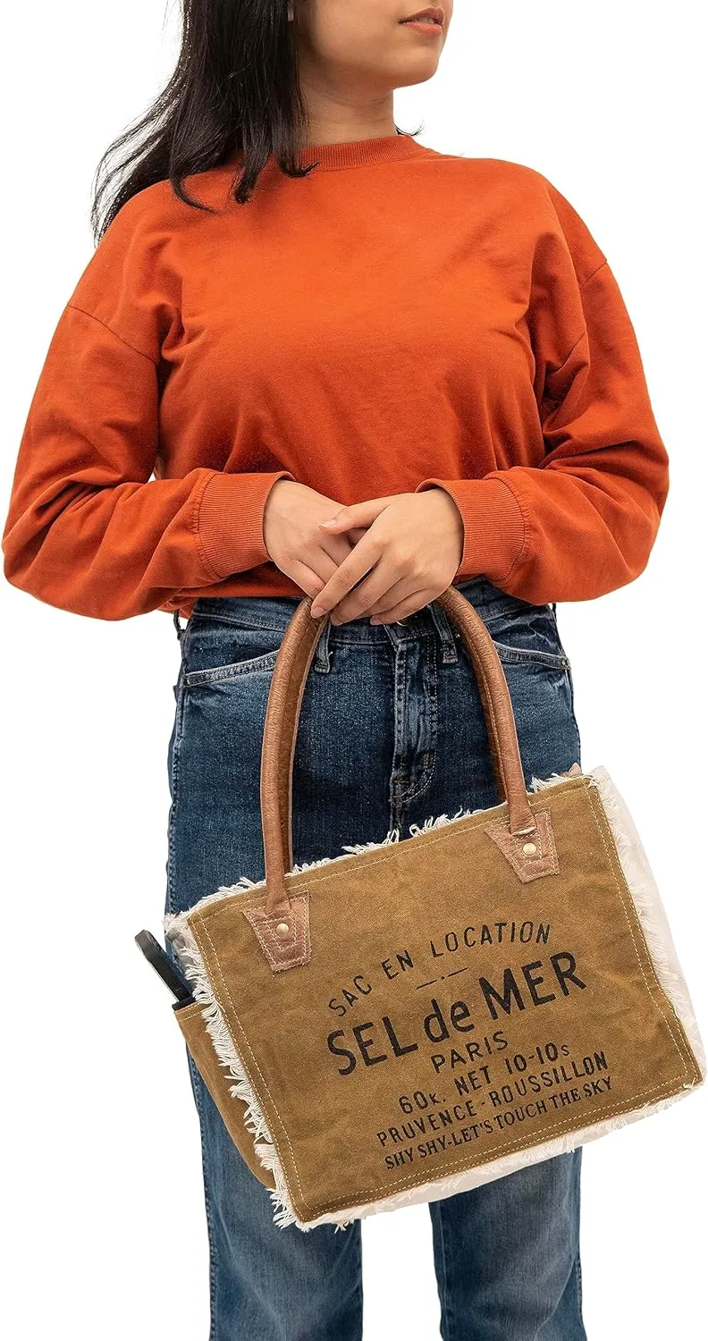 Shy Shy Bags Sel De Mer Canvas & Cowhide Tote Bag - Upcycled Radiant Leather Hand Bag