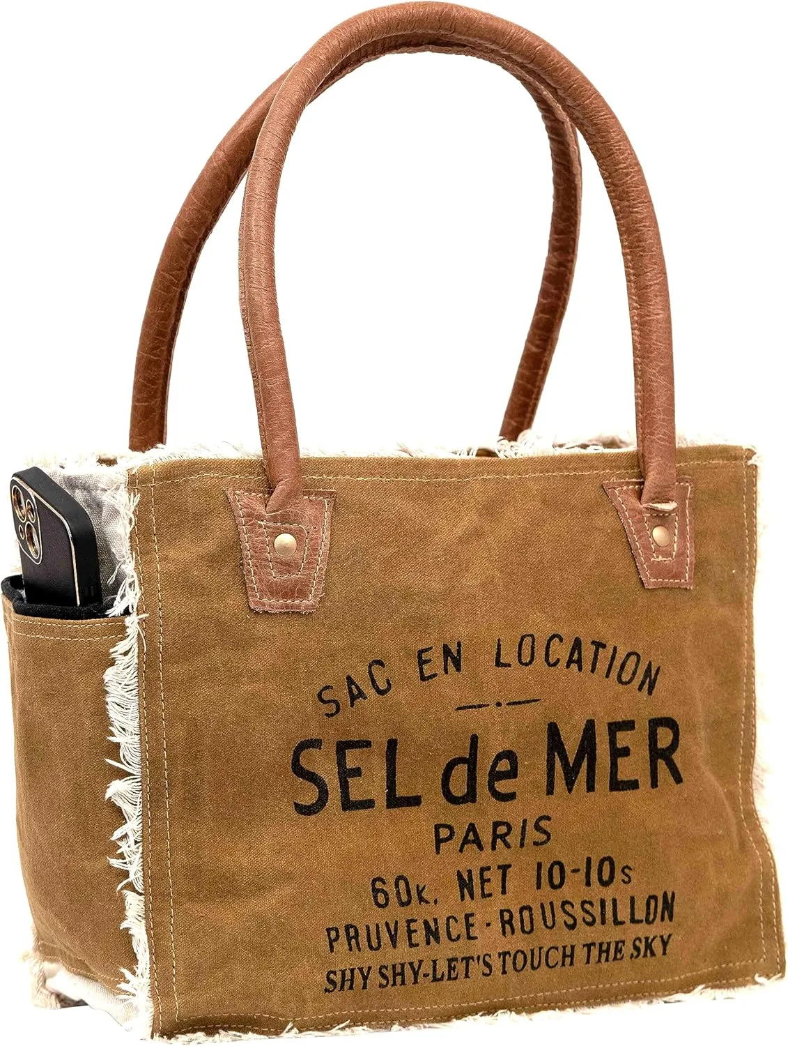 Shy Shy Bags Sel De Mer Canvas & Cowhide Tote Bag - Upcycled Radiant Leather Hand Bag