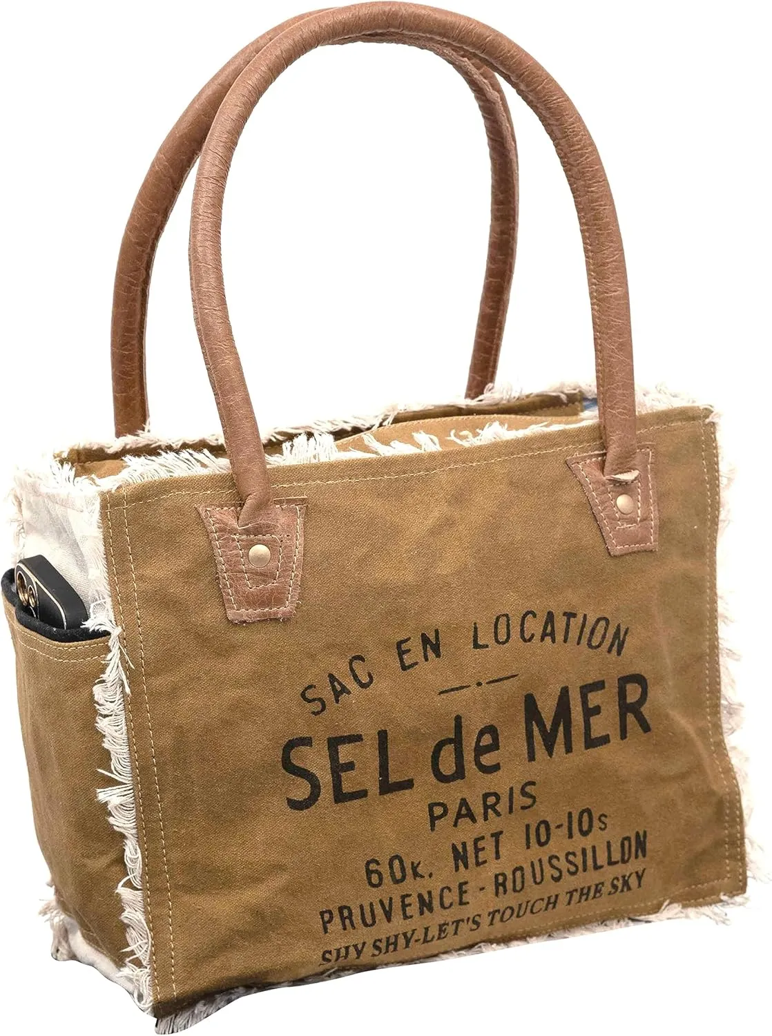 Shy Shy Bags Sel De Mer Canvas & Cowhide Tote Bag - Upcycled Radiant Leather Hand Bag