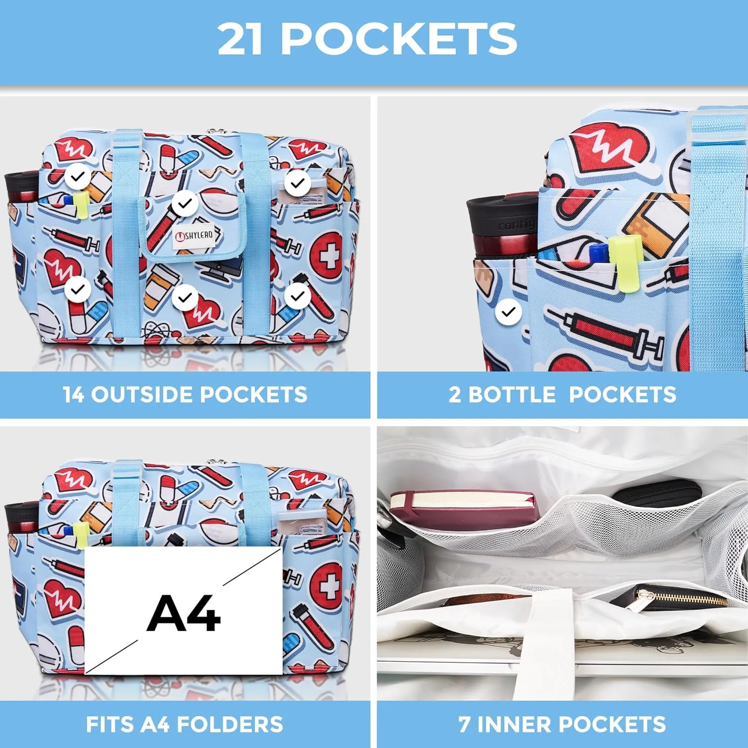 SHYLERO Nurse Bag with 21 Pockets - Big, Waterproof Medical Utility Tote for Daily Use