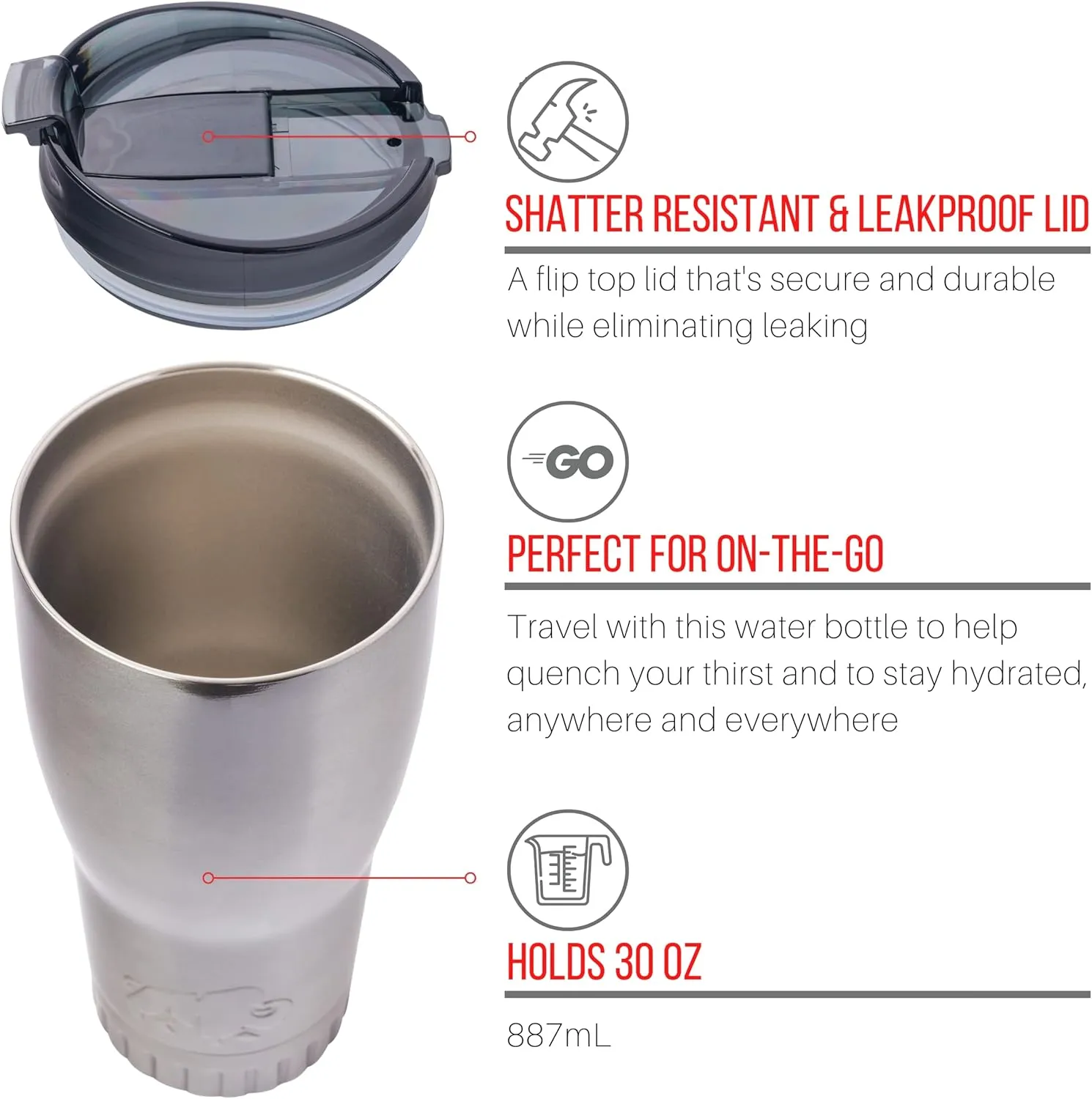 Silver Buffalo Double Walled Vacuum Insulated Stainless Steel Tumbler With Flip Top Lid Keeps Hot and Cold, Travel Coffee Mug Leak Proof Lid, 30 Ounces, Gray