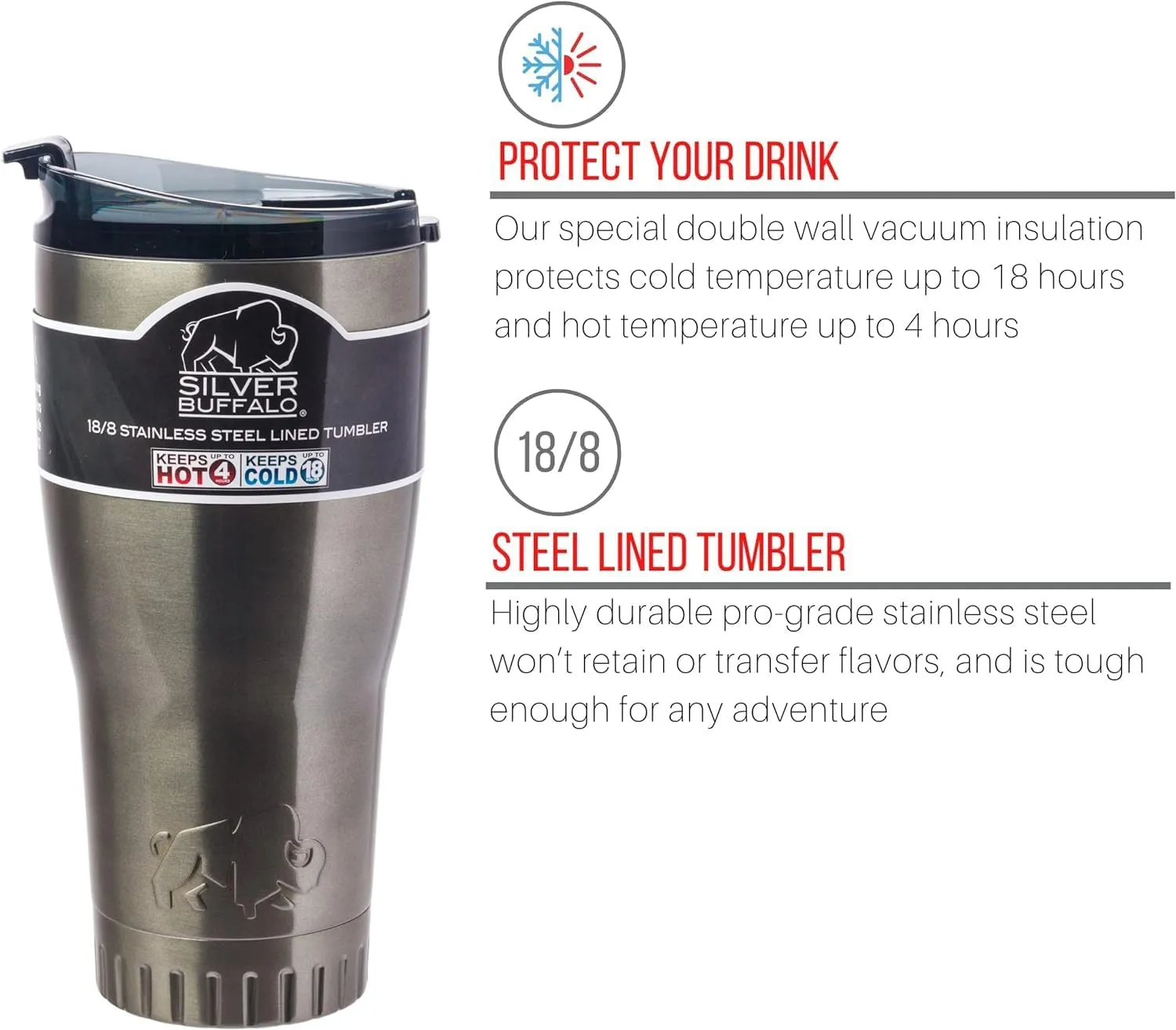 Silver Buffalo Double Walled Vacuum Insulated Stainless Steel Tumbler With Flip Top Lid Keeps Hot and Cold, Travel Coffee Mug Leak Proof Lid, 30 Ounces, Gray