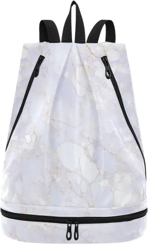 Silver White Luxury Marble Texture Drawstring string bags hiking string backpack with Wet Dry Compartments