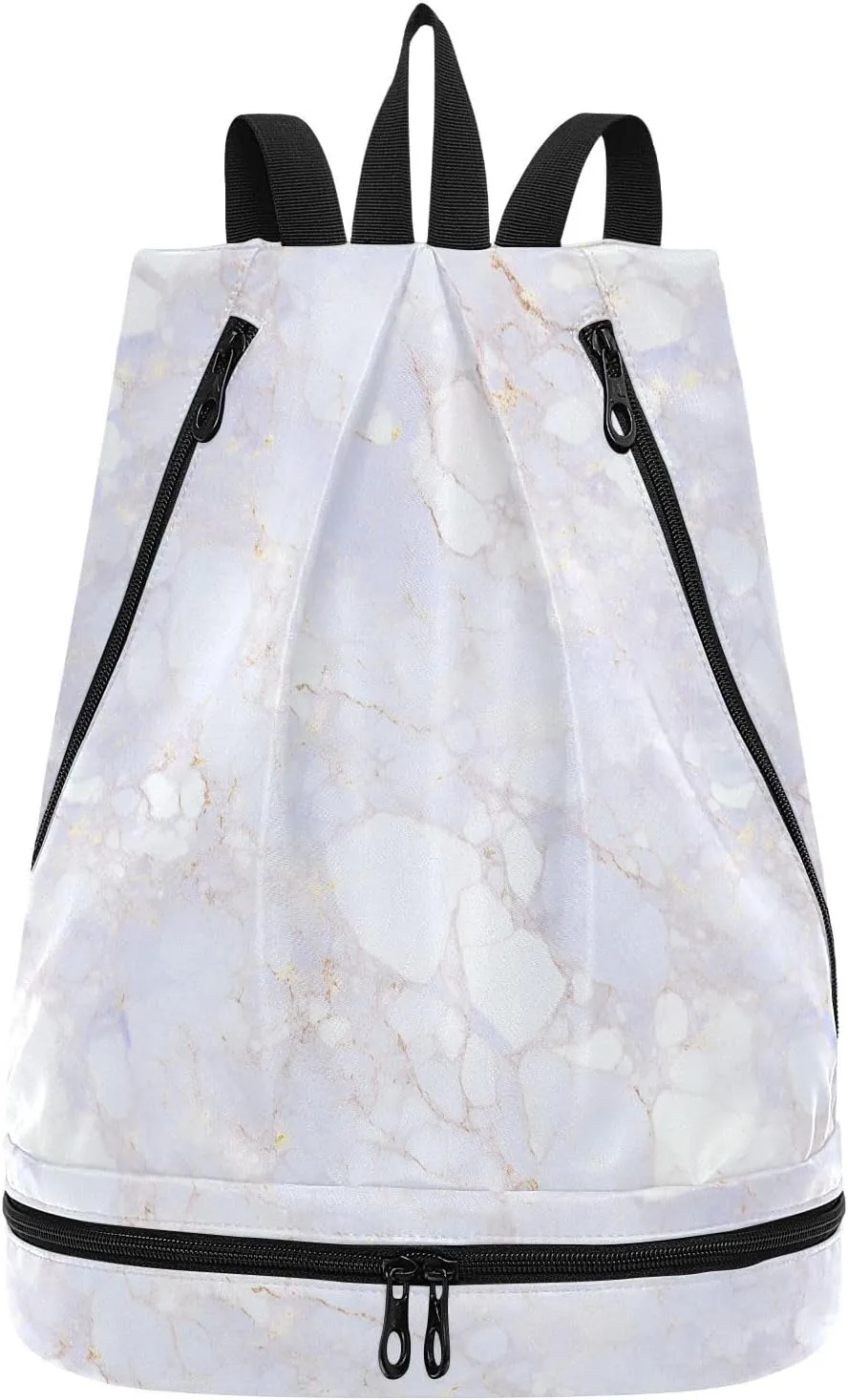 Silver White Luxury Marble Texture Drawstring string bags hiking string backpack with Wet Dry Compartments