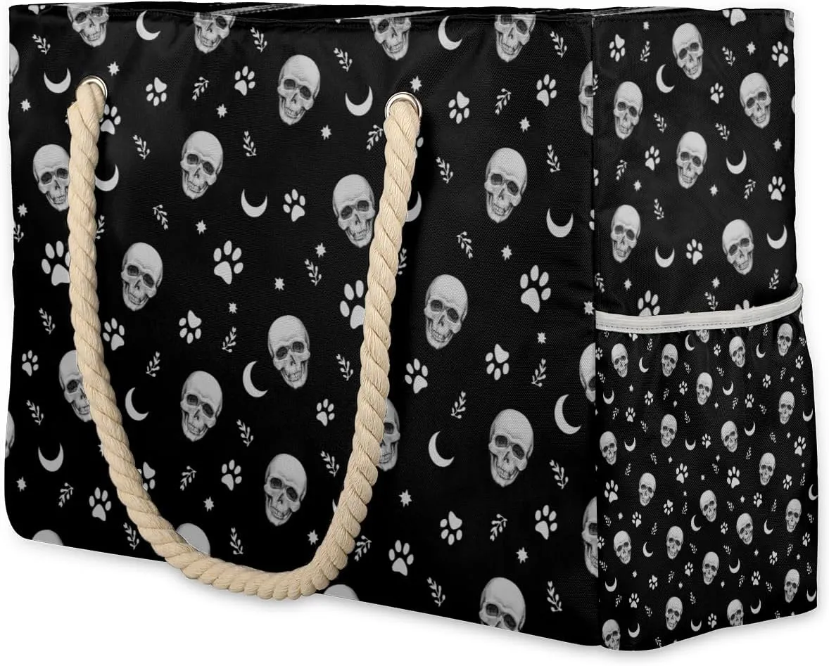 Skul Black Horror Large Beach Tote Bag Women Waterproof Sandproof Zipper Beach Bag for Pool Gym Grocery Travel with Wet Pocket