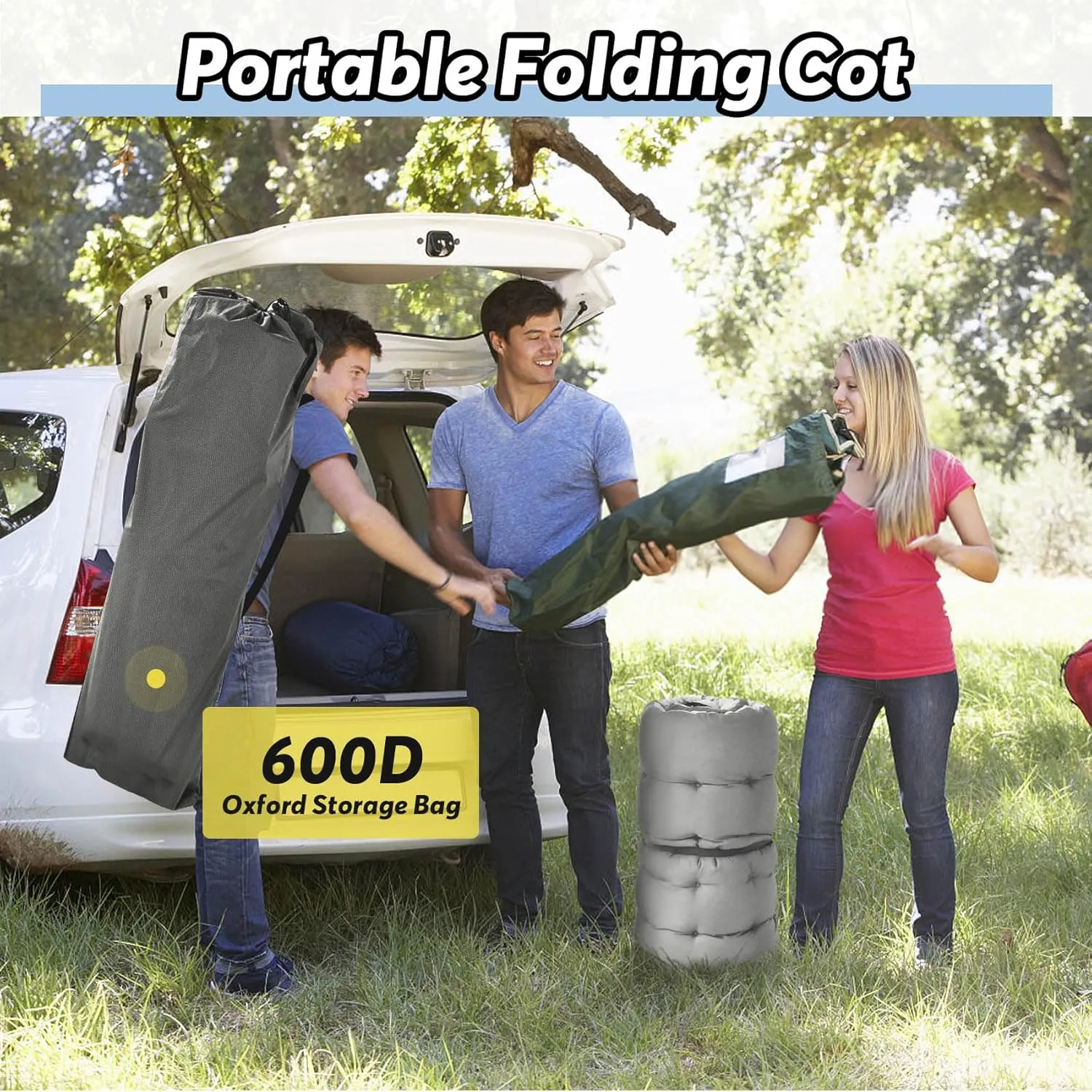 Slendor XXL Folding Camping Cot for Adults,79" L x 32" W x 19" H Camp Cot, Oversized Sleeping Cot with Mattress, Carry Bag, Strapping, Cot Bed for Tent, Office Support 500lbs, Stripe Gray Cot Gray Pad