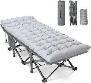 Slendor XXL Folding Camping Cot for Adults,79" L x 32" W x 19" H Camp Cot, Oversized Sleeping Cot with Mattress, Carry Bag, Strapping, Cot Bed for Tent, Office Support 500lbs, Stripe Gray Cot Gray Pad