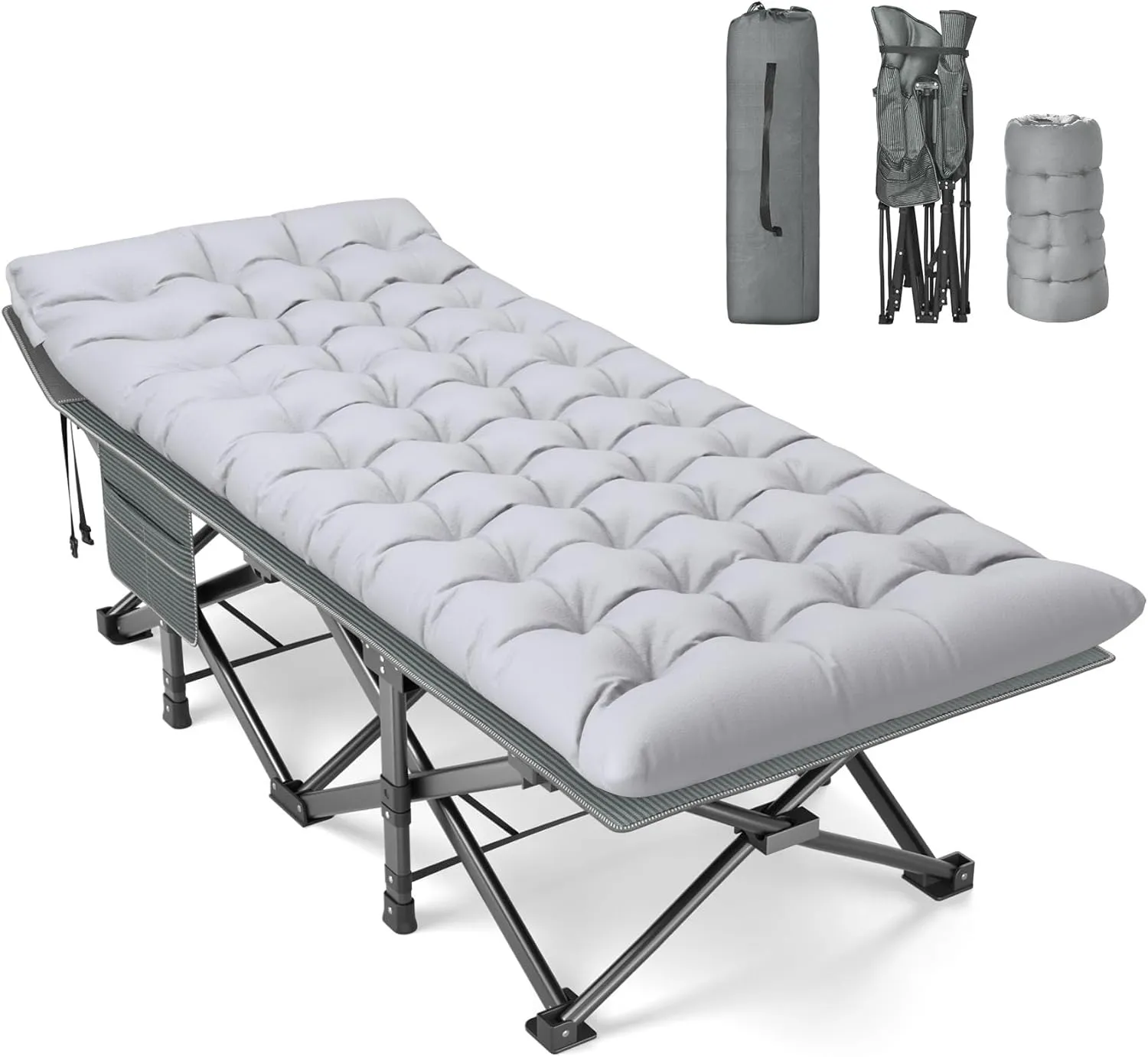 Slendor XXL Folding Camping Cot for Adults,79" L x 32" W x 19" H Camp Cot, Oversized Sleeping Cot with Mattress, Carry Bag, Strapping, Cot Bed for Tent, Office Support 500lbs, Stripe Gray Cot Gray Pad
