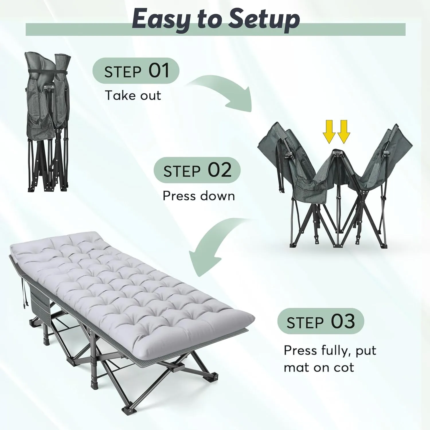 Slendor XXL Folding Camping Cot for Adults,79" L x 32" W x 19" H Camp Cot, Oversized Sleeping Cot with Mattress, Carry Bag, Strapping, Cot Bed for Tent, Office Support 500lbs, Stripe Gray Cot Gray Pad