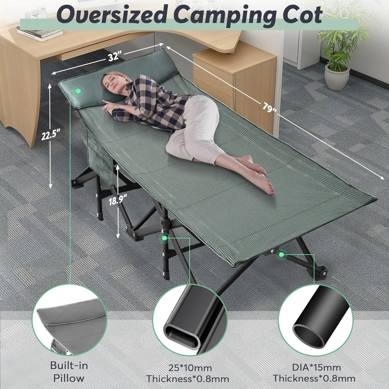 Slendor XXL Folding Camping Cot for Adults,79" L x 32" W x 19" H Camp Cot, Oversized Sleeping Cot with Mattress, Carry Bag, Strapping, Cot Bed for Tent, Office Support 500lbs, Stripe Gray Cot Gray Pad
