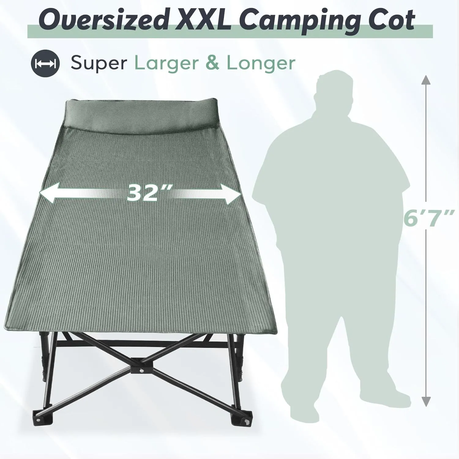 Slendor XXL Folding Camping Cot for Adults,79" L x 32" W x 19" H Camp Cot, Oversized Sleeping Cot with Mattress, Carry Bag, Strapping, Cot Bed for Tent, Office Support 500lbs, Stripe Gray Cot Gray Pad