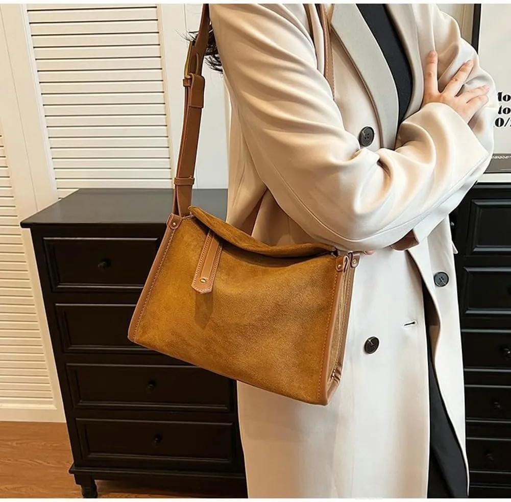 Slouchy Suede Boston Bag Women Crescent Satchels Shoulder Bag Cute Crossbody Purse Trendy Top-handle Travel Tote Handbag