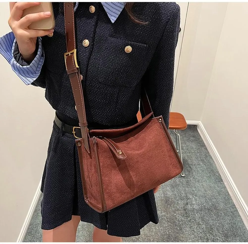 Slouchy Suede Boston Bag Women Crescent Satchels Shoulder Bag Cute Crossbody Purse Trendy Top-handle Travel Tote Handbag