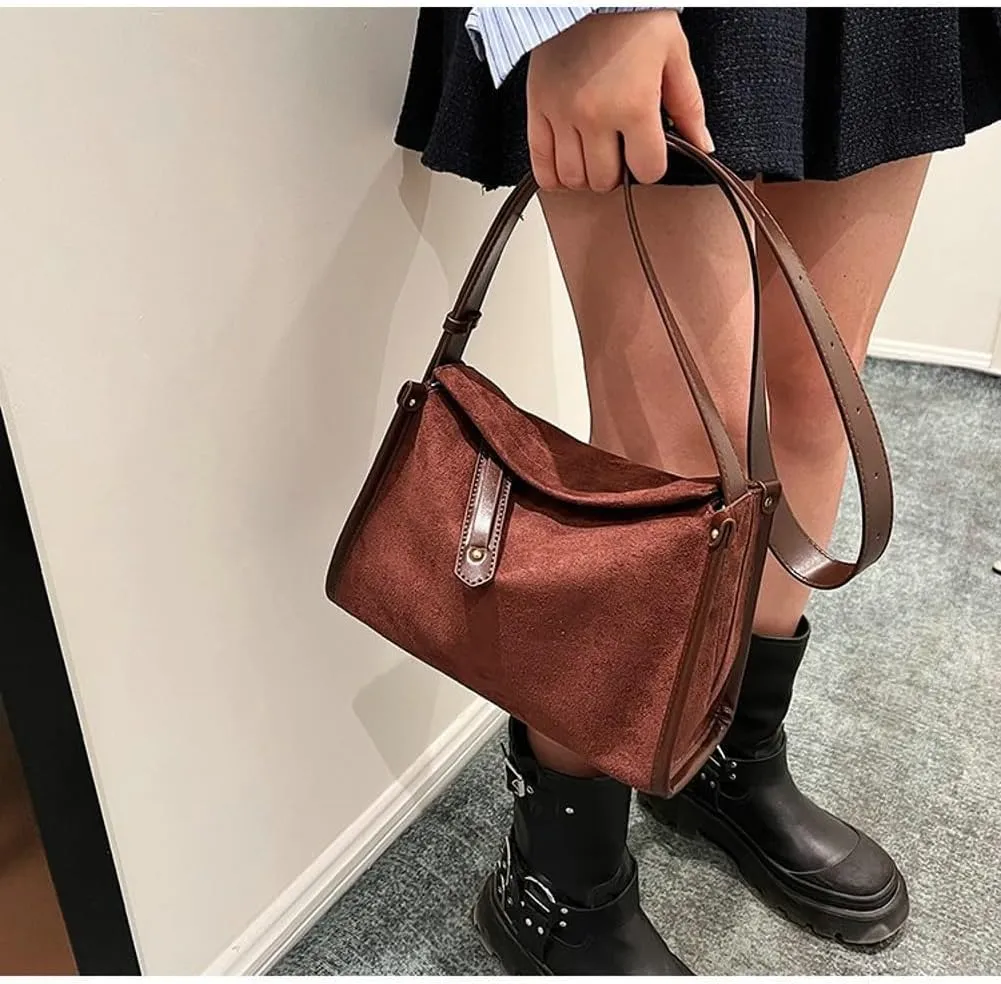 Slouchy Suede Boston Bag Women Crescent Satchels Shoulder Bag Cute Crossbody Purse Trendy Top-handle Travel Tote Handbag