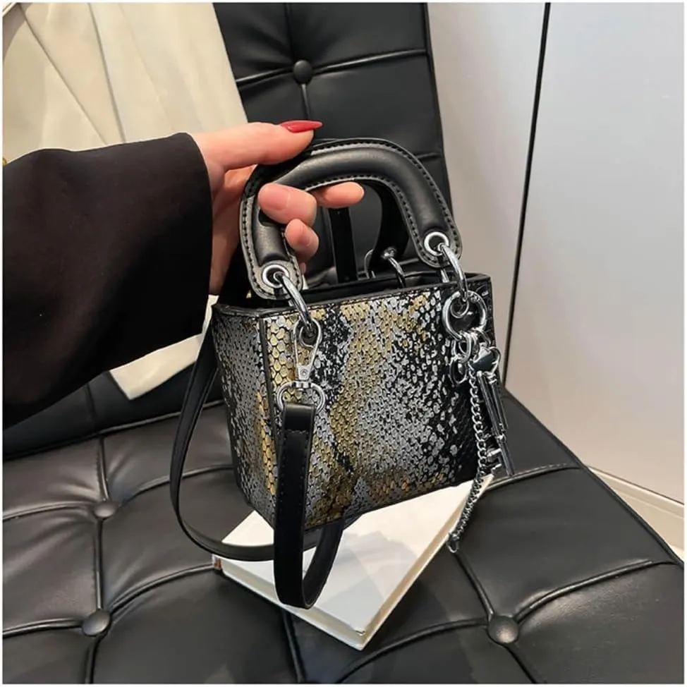 Snakeskin Pattern Mini Square Bag for Women, PU Leather Top Handle Clutches Crossbody Purse, Chic Key Chain Decor Handbag