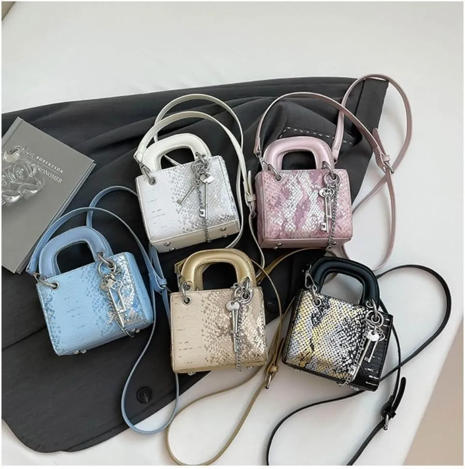Snakeskin Pattern Mini Square Bag for Women, PU Leather Top Handle Clutches Crossbody Purse, Chic Key Chain Decor Handbag
