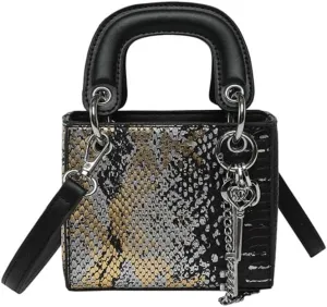 Snakeskin Pattern Mini Square Bag for Women, PU Leather Top Handle Clutches Crossbody Purse, Chic Key Chain Decor Handbag