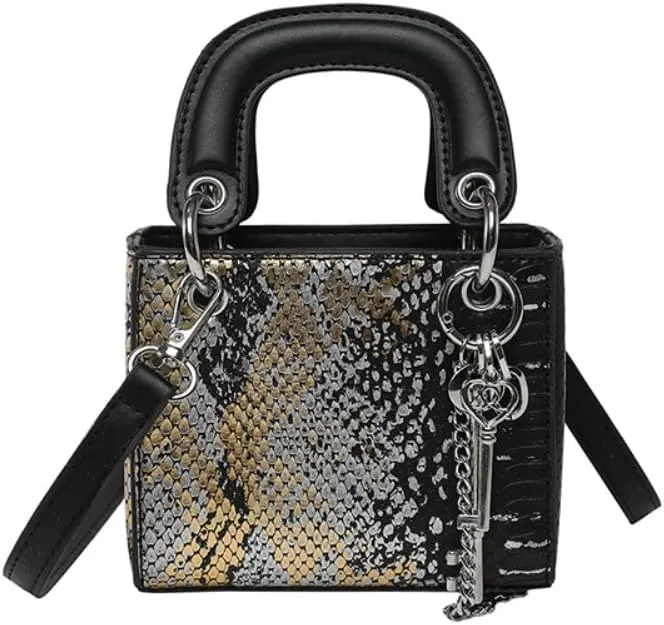 Snakeskin Pattern Mini Square Bag for Women, PU Leather Top Handle Clutches Crossbody Purse, Chic Key Chain Decor Handbag