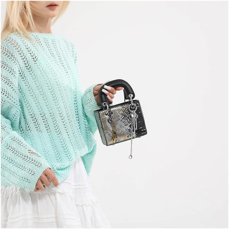 Snakeskin Pattern Mini Square Bag for Women, PU Leather Top Handle Clutches Crossbody Purse, Chic Key Chain Decor Handbag