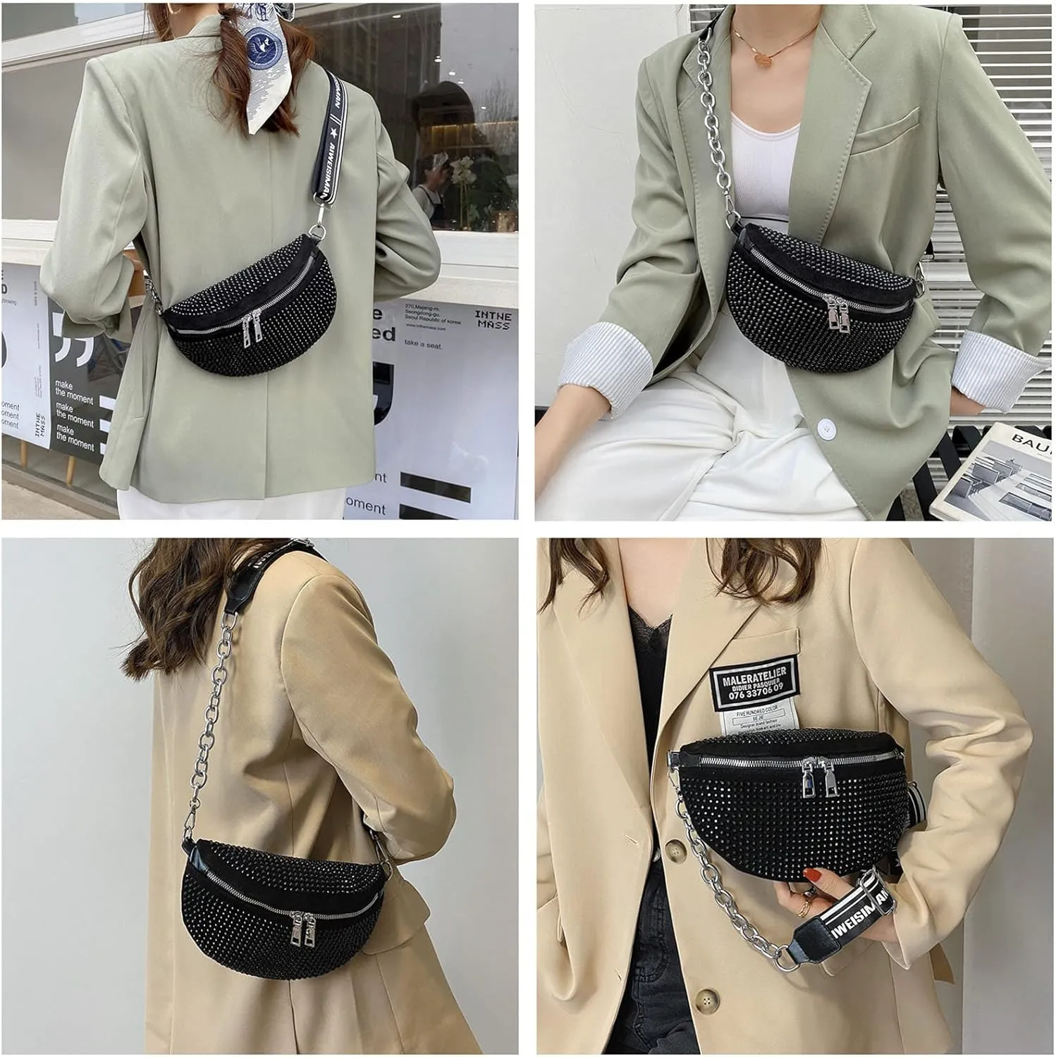 Sparkly Rhinestone Fanny Pack Belt Bags Crossbody Bag Waist Pouch Crossbody Purse Rhinestone for Women Club Party Beach Travel (Black)