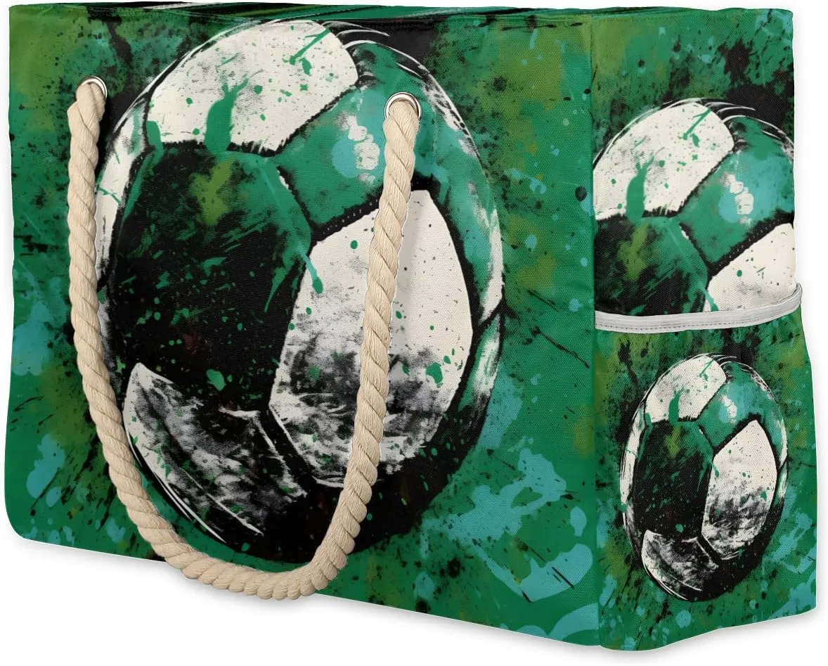 Splash Sorrer Large Beach Tote Bag Women Waterproof Sandproof Zipper Green Grunge Soccer Beach Bag for Pool Gym Grocery Travel with Wet Pocket