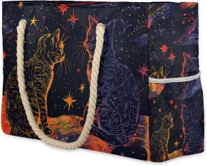 Starry Cat Colorful Large Beach Tote Bag Women Waterproof Sandproof Zipper Beach Bag for Pool Gym Grocery Travel with Wet Pocket