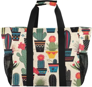 Succulents Cactus Flower Tote Bag for Women with Zipper Large Beach Bags Foldable Work Bag Handbags Totes for Travel Pool Gym Grocery