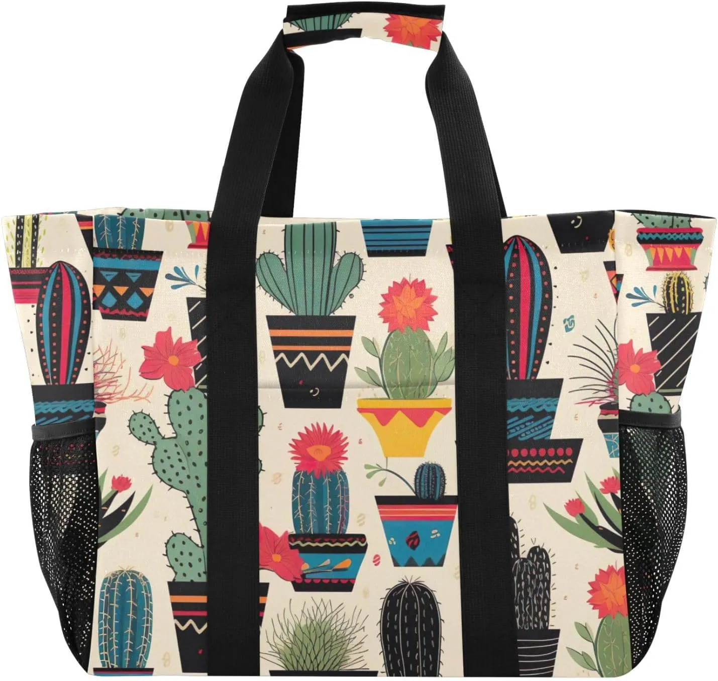 Succulents Cactus Flower Tote Bag for Women with Zipper Large Beach Bags Foldable Work Bag Handbags Totes for Travel Pool Gym Grocery