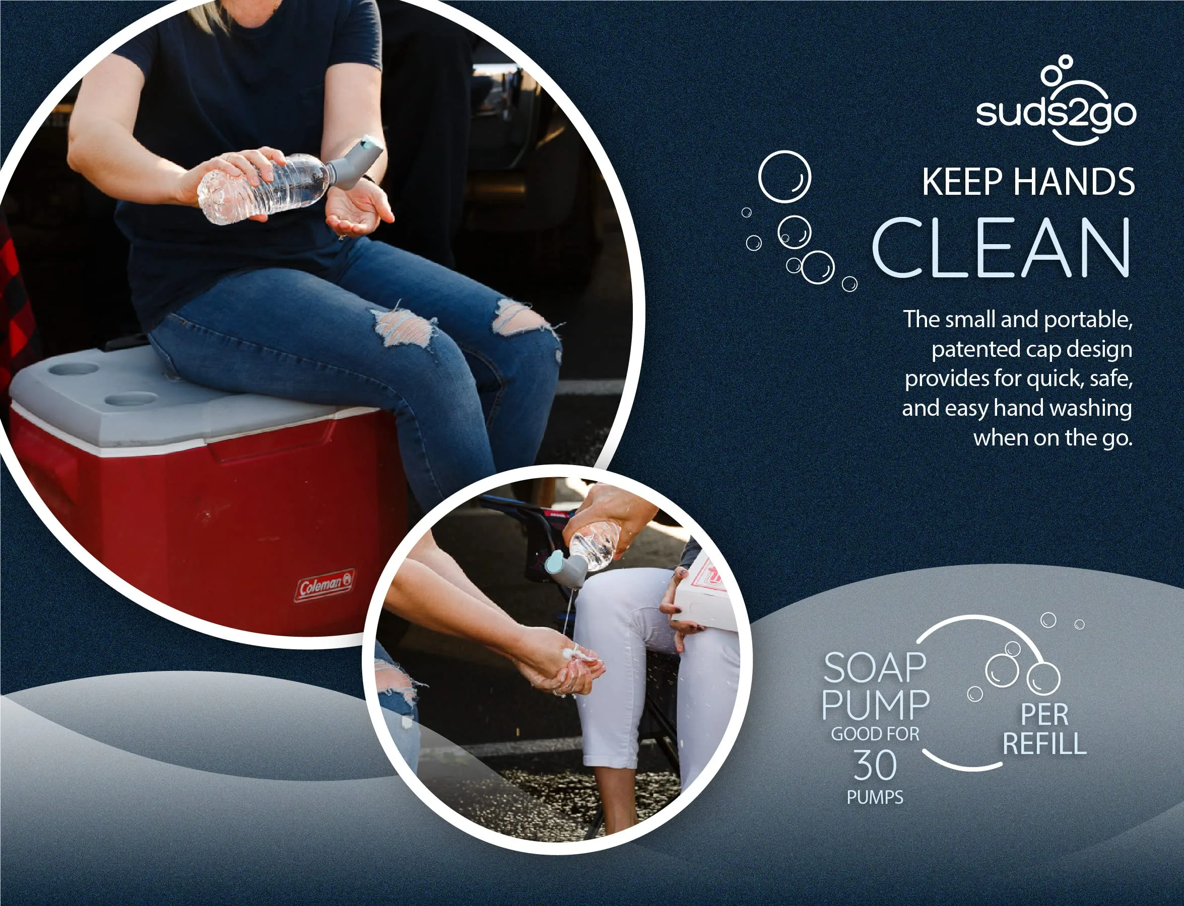 Suds2Go Refillable Caps, 2 Pack - Universal Fit Turns Most Disposable Water Bottles Into A Hand Washing Station - Includes Refillable Soap Reservoir - Conveniently Sized to Take on The Go - Grey
