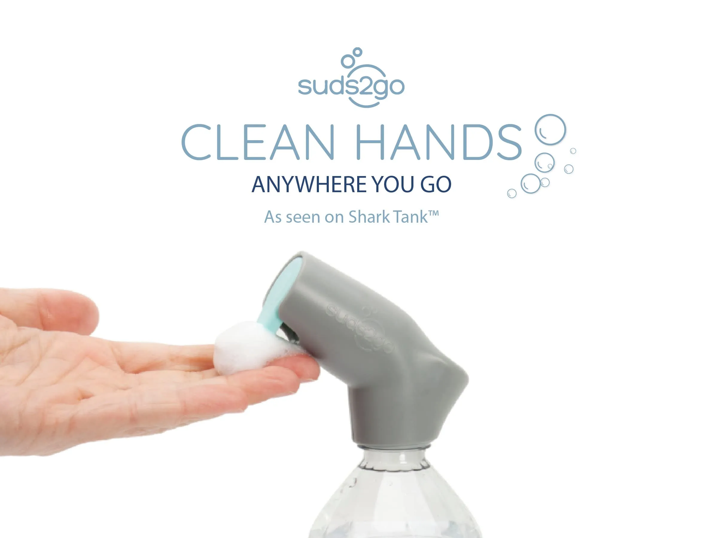 Suds2Go Refillable Caps, 2 Pack - Universal Fit Turns Most Disposable Water Bottles Into A Hand Washing Station - Includes Refillable Soap Reservoir - Conveniently Sized to Take on The Go - Grey