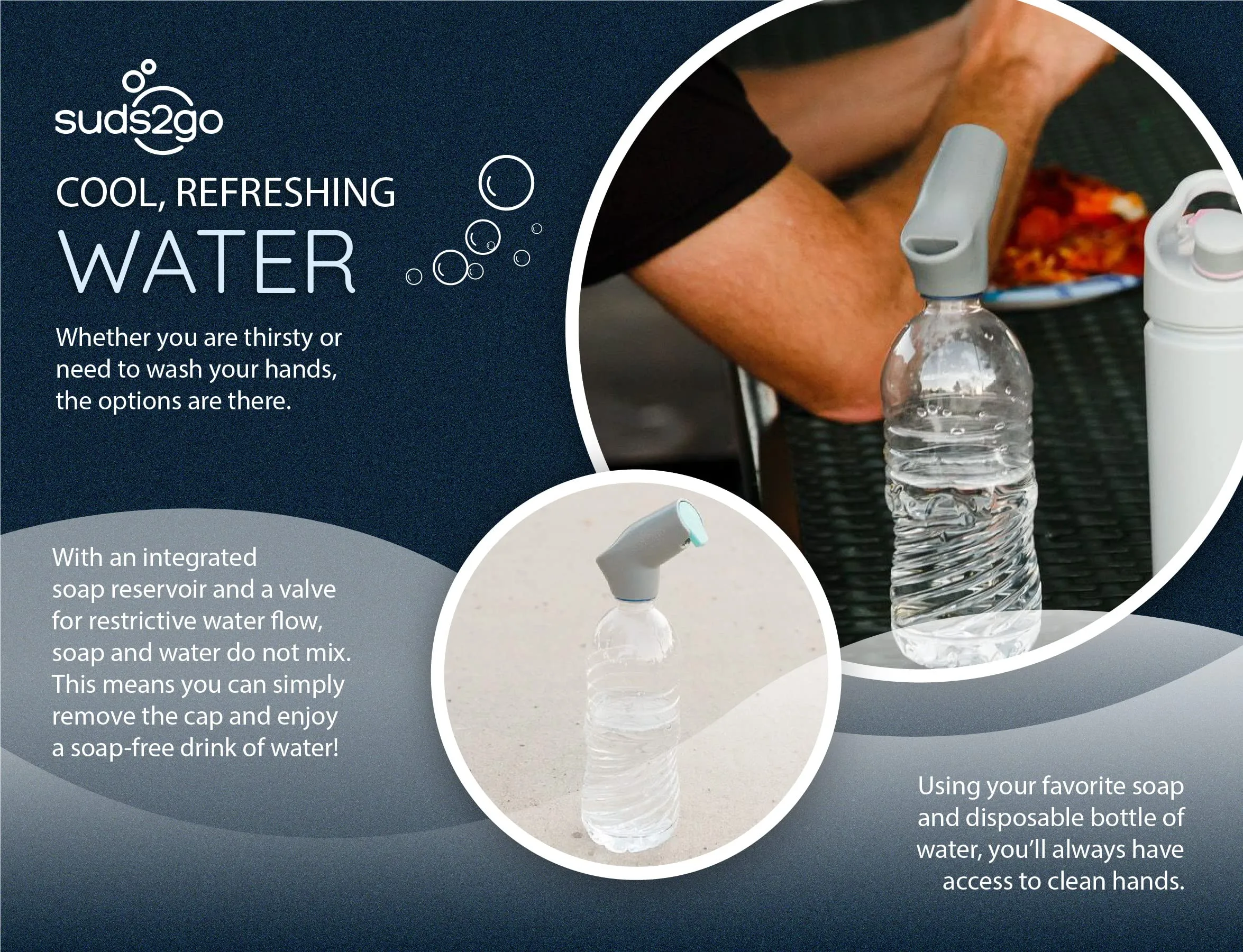 Suds2Go Refillable Caps, 2 Pack - Universal Fit Turns Most Disposable Water Bottles Into A Hand Washing Station - Includes Refillable Soap Reservoir - Conveniently Sized to Take on The Go - Grey
