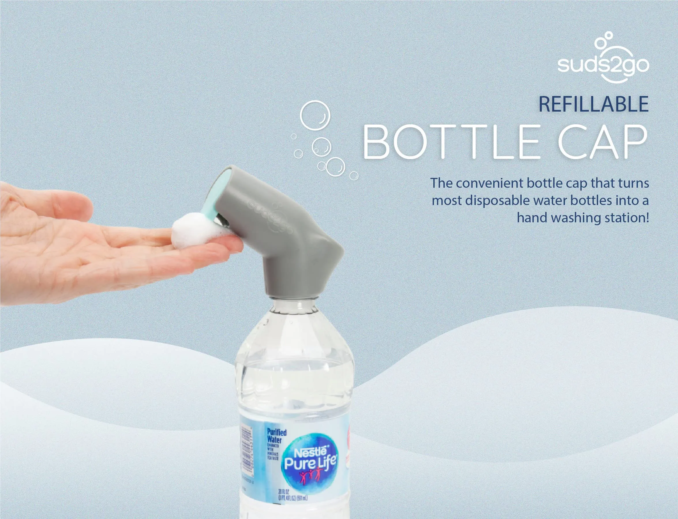 Suds2Go Refillable Caps, 2 Pack - Universal Fit Turns Most Disposable Water Bottles Into A Hand Washing Station - Includes Refillable Soap Reservoir - Conveniently Sized to Take on The Go - Grey