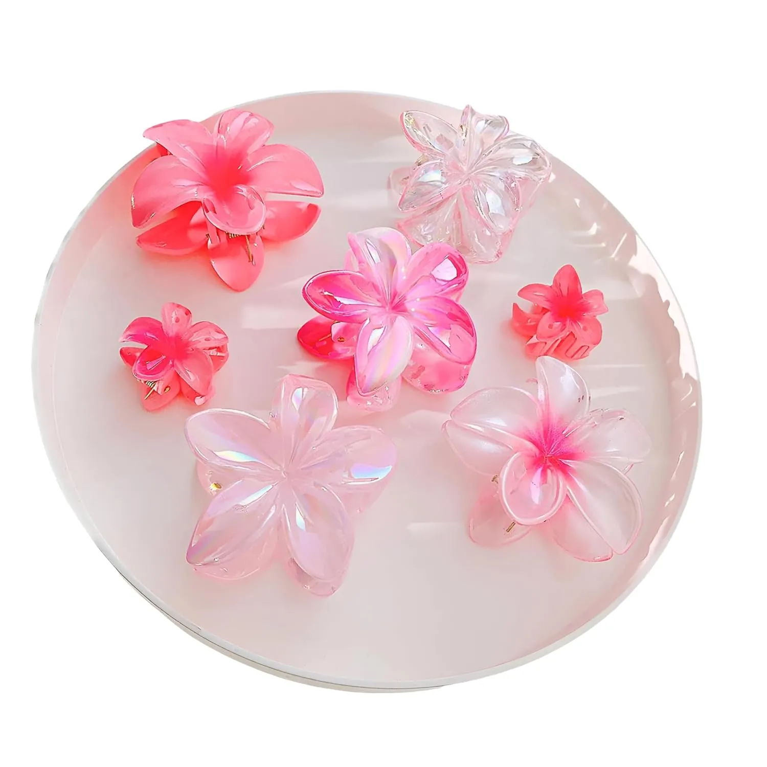 Summer Flower Claw Clips for Thick Hair – 7‑Piece Transparent Gradient Color Plumeria Daisy Hair Claws, Strong‑Hold Non‑Slip Hair Accessories for Women (Pink)
