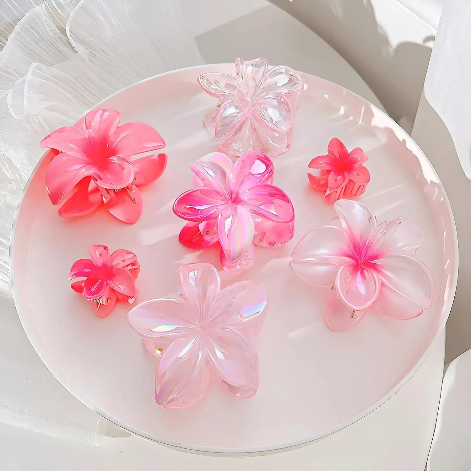 Summer Flower Claw Clips for Thick Hair – 7‑Piece Transparent Gradient Color Plumeria Daisy Hair Claws, Strong‑Hold Non‑Slip Hair Accessories for Women (Pink)