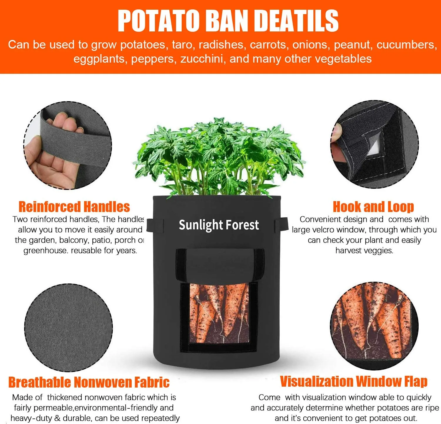 Sunlight forest  10 Gallon Grow Bags 2-Pack Sunlightforest Potato Grow Bags Thickened Non-Woven Aeration Fabric Pots with Handles and Window, Planter Pots for Tomato Veggies Flower (Black)